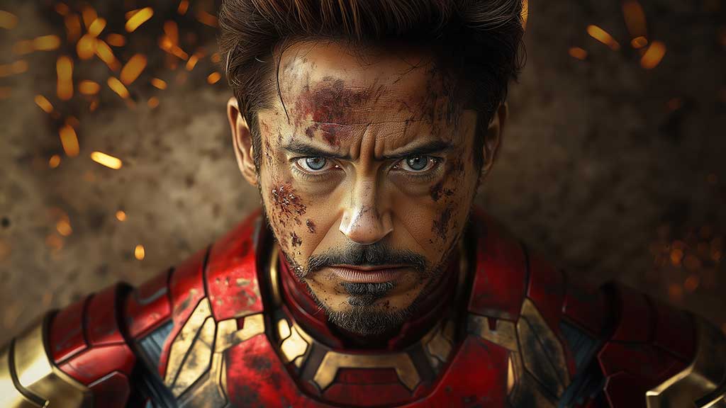 Fond d'écran de portrait en gros plan de Tony Stark 4K dans une armure usée par la bataille avec un éclairage et des étincelles dramatiques, arrière-plan de personnage en résolution Ultra HD pour tous les appareils