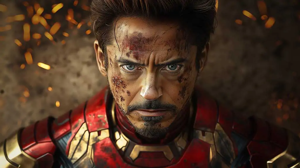 Tony Stark close-up portrait wallpaper 4K in battle-worn armor with dramatic lighting and sparks, Ultra HD resolution character background for all devices