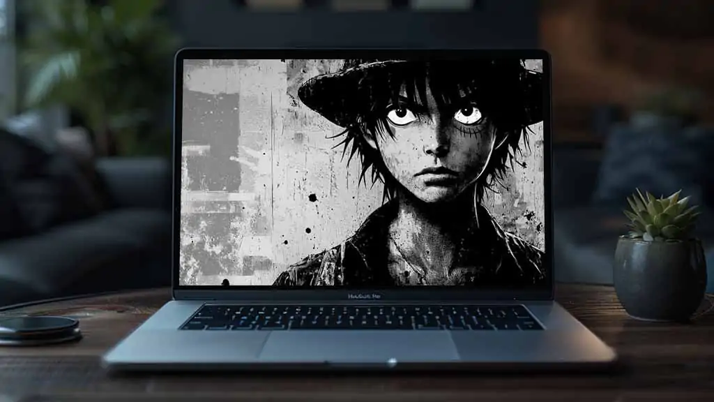 Black and white Monkey D. Luffy One Piece wallpaper 4k dramatic close-up portrait with straw hat monochrome background Ultra HD Free for Pc & mobile phone and iphone