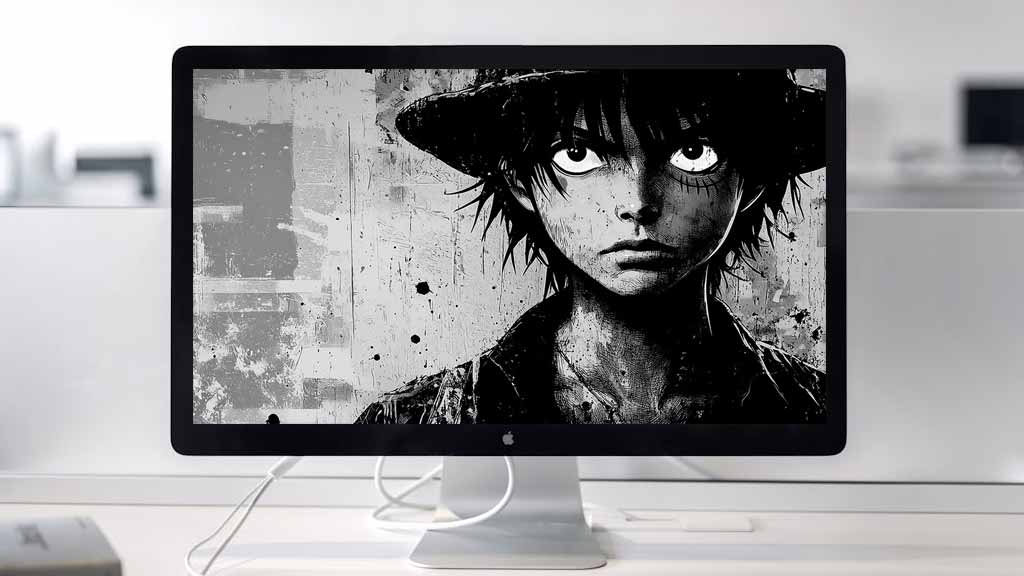 Fond d'écran noir et blanc Monkey D. Luffy One Piece 4k portrait dramatique en gros plan avec chapeau de paille fond monochrome Ultra HD Gratuit pour Pc & téléphone portable et iphone