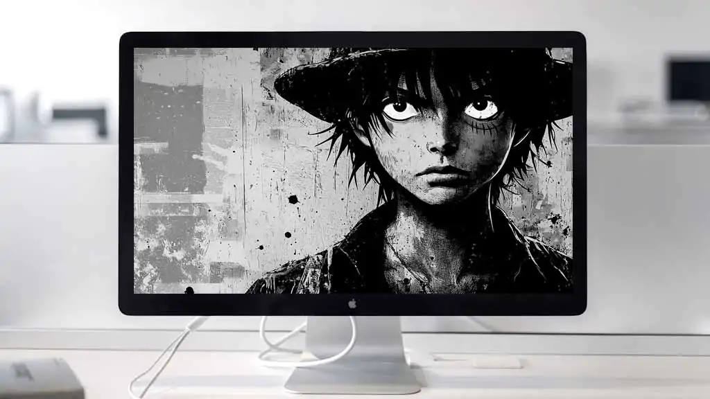 Black and white Monkey D. Luffy One Piece wallpaper 4k dramatic close-up portrait with straw hat monochrome background Ultra HD Free for Pc & mobile phone and iphone