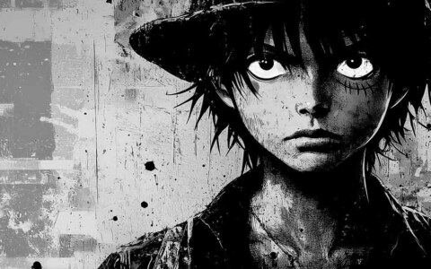 Fond d'écran noir et blanc Monkey D. Luffy One Piece 4k portrait dramatique en gros plan avec chapeau de paille fond monochrome Ultra HD Gratuit pour Pc & téléphone portable et iphone