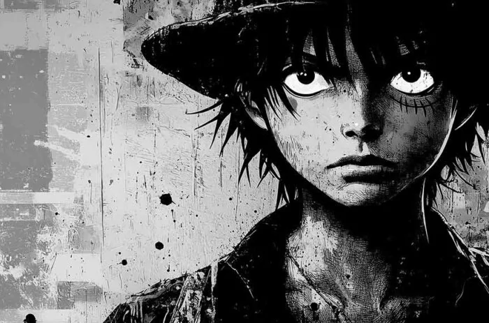 Fond d'écran noir et blanc Monkey D. Luffy One Piece 4k portrait dramatique en gros plan avec chapeau de paille fond monochrome Ultra HD Gratuit pour Pc & téléphone portable et iphone