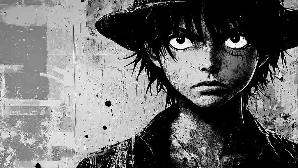 Black and white Monkey D. Luffy One Piece wallpaper 4k dramatic close-up portrait with straw hat monochrome background Ultra HD Free for Pc & mobile phone and iphone