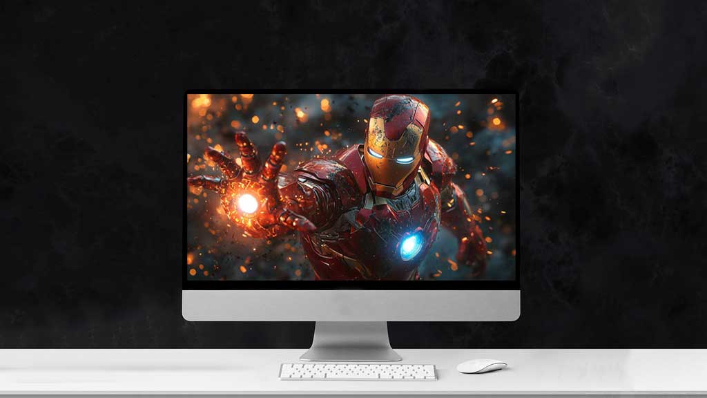 Fond d'écran de pose de combat d'Iron Man 4K avec répulseurs lumineux et dégâts de combat, arrière-plan d'action Ultra HD pour ordinateurs de bureau