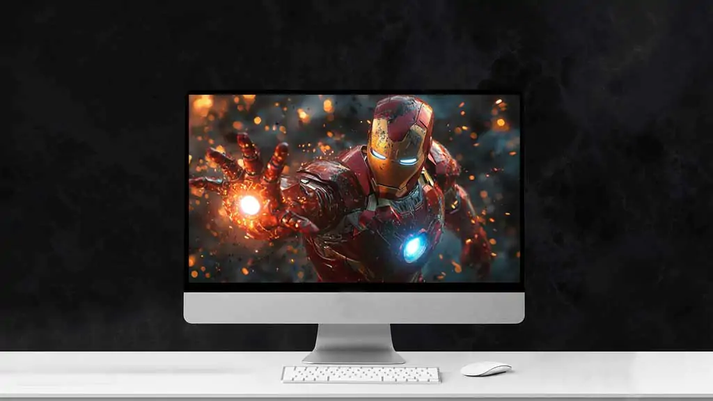 Iron Man combat pose wallpaper 4K with glowing repulsors and battle damage,Ultra HD action background for desktops