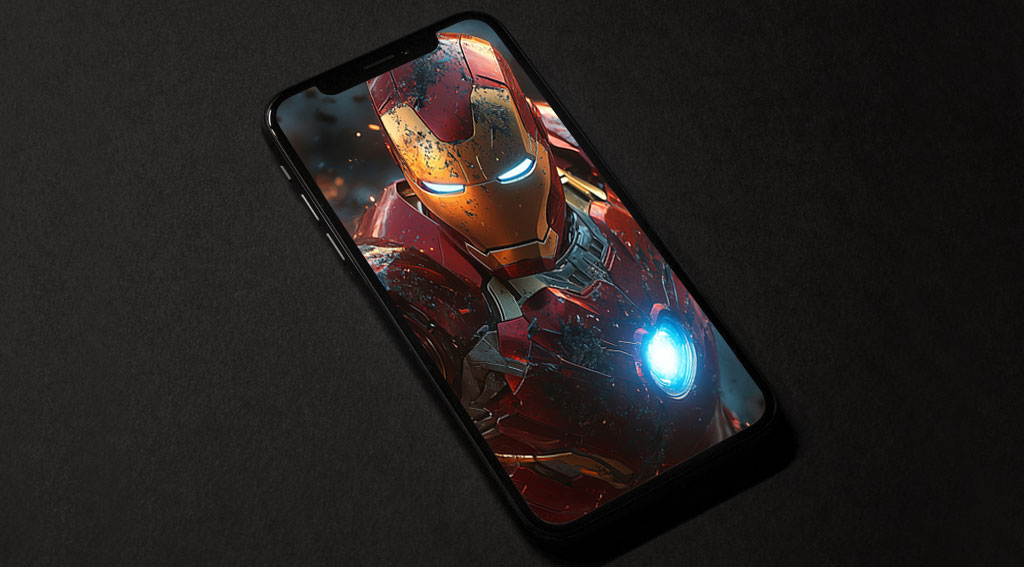Fond d'écran de pose de combat Iron Man 4K avec répulseurs lumineux et dégâts de combat, arrière-plan d'action Ultra HD pour téléphones mobiles et iPhone