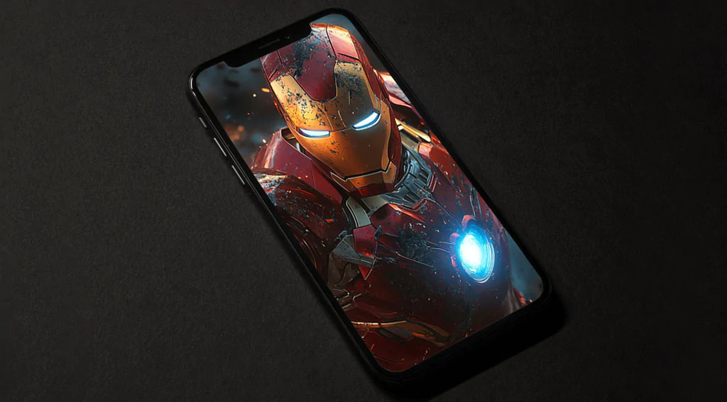 Iron Man combat pose wallpaper 4K with glowing repulsors and battle damage,Ultra HD action background for mobile phons and iphone