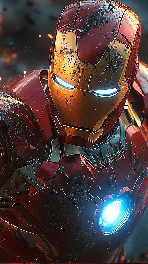 Fond d'écran de pose de combat Iron Man 4K avec répulseurs lumineux et dégâts de combat, arrière-plan d'action Ultra HD pour téléphones mobiles et iPhone
