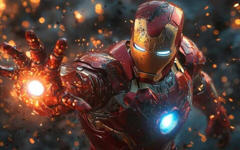 Iron Man combat pose wallpaper 4K with glowing repulsors and battle damage,Ultra HD action background for desktops and mobile phones