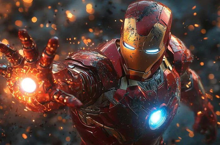 Iron Man combat pose wallpaper 4K with glowing repulsors and battle damage,Ultra HD action background for desktops and mobile phones