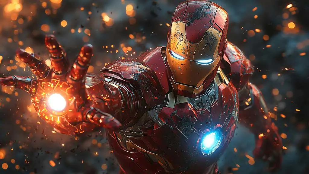 Iron Man combat pose wallpaper 4K with glowing repulsors and battle damage,Ultra HD action background for desktops and mobile phones