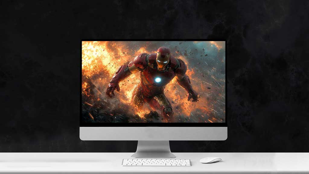 Iron Man marchant à travers un fond d'écran d'explosion 4K avec des effets de feu et des débris spectaculaires, arrière-plan d'action Ultra HD pour ordinateur de bureau