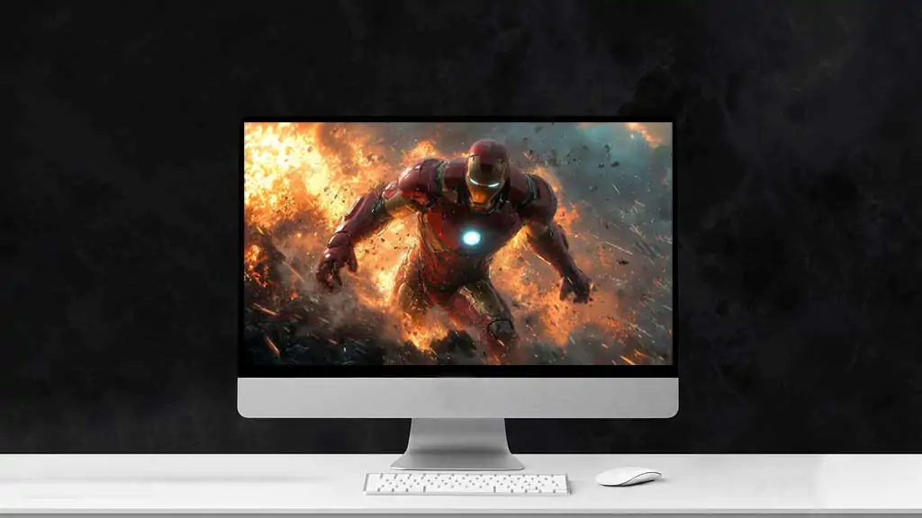 Iron Man walking through explosion wallpaper 4K with dramatic fire effects and debris, Ultra HD action background for desktop