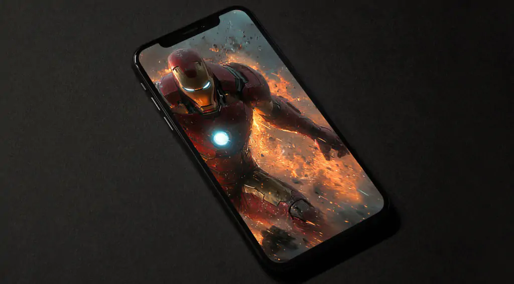 Iron Man walking through explosion wallpaper 4K with dramatic fire effects and debris, Ultra HD action background for mobile phone and iphone