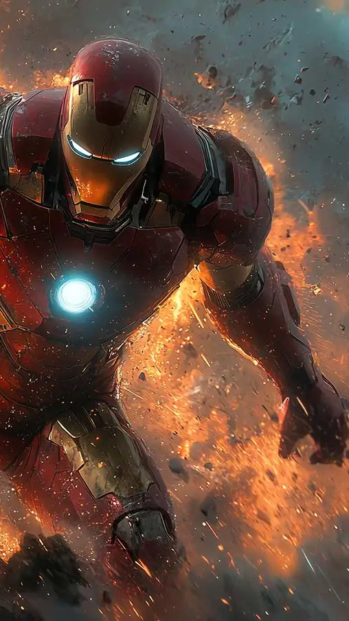 Iron Man walking through explosion wallpaper 4K with dramatic fire effects and debris, Ultra HD action background for mobile phone and iphone