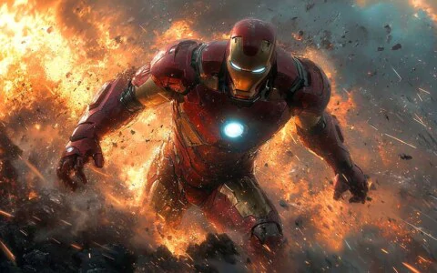 Iron Man walking through explosion wallpaper 4K with dramatic fire effects and debris, Ultra HD action background for desktop and mobile phone