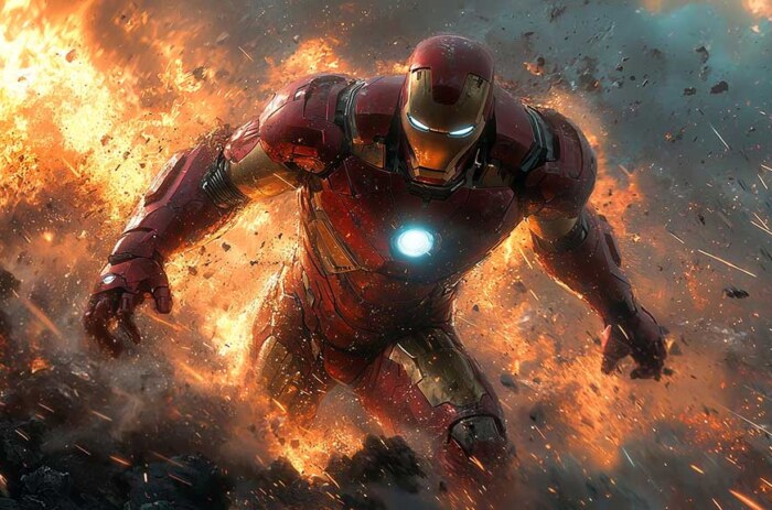 Iron Man marche à travers l'explosion fond d'écran 4K avec des effets de feu dramatiques et des débris, fond d'écran d'action Ultra HD pour ordinateur de bureau et téléphone portable.
