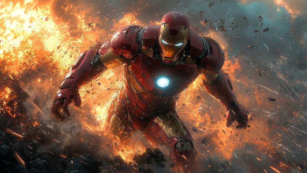 Iron Man marche à travers l'explosion fond d'écran 4K avec des effets de feu dramatiques et des débris, fond d'écran d'action Ultra HD pour ordinateur de bureau et téléphone portable.