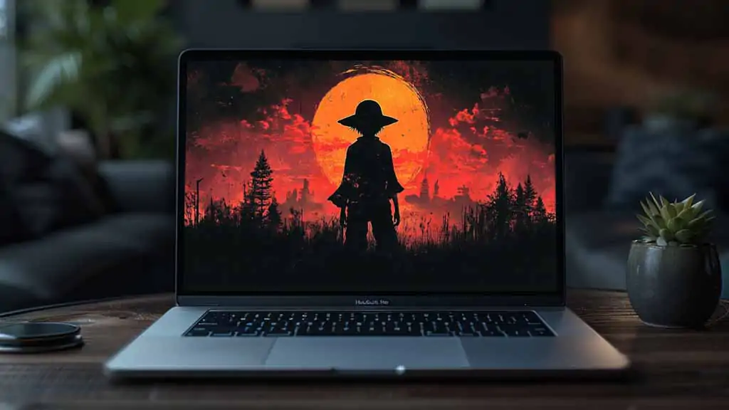 Monkey D. Luffy One Piece silhouette fond d'écran 4k avec coucher de soleil orange et ciel rouge fond d'écran Ultra HD gratuit pour pc & téléphone portable