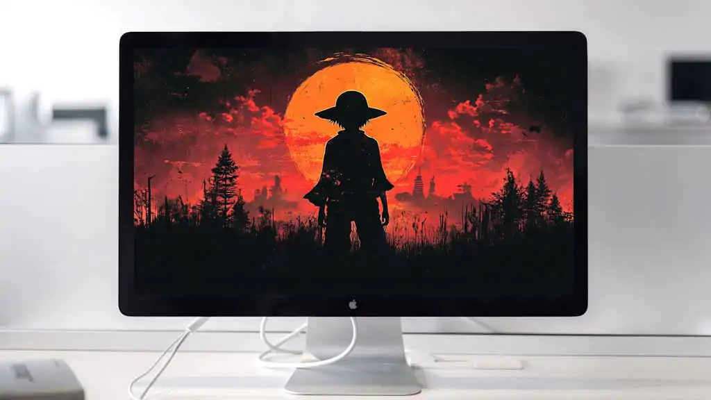 Monkey D. Luffy One Piece silhouette fond d'écran 4k avec coucher de soleil orange et ciel rouge fond d'écran Ultra HD gratuit pour pc & téléphone portable