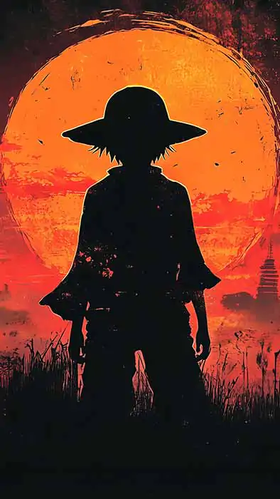 Monkey D. Luffy One Piece silhouette fond d'écran 4k avec coucher de soleil orange et ciel rouge fond d'écran Ultra HD gratuit pour pc & téléphone portable