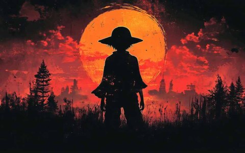 Monkey D. Luffy One Piece silhouette fond d'écran 4k avec coucher de soleil orange et ciel rouge fond d'écran Ultra HD gratuit pour pc & téléphone portable