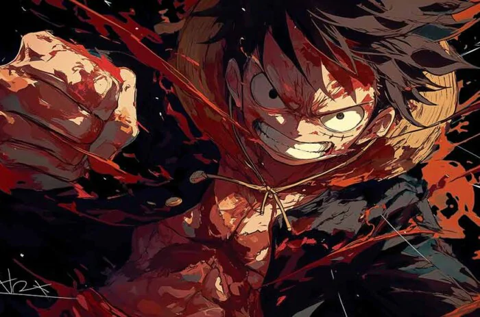 Fond d'écran d'action 4K de Monkey D. Luffy One Piece, scène de bataille intense et expression déterminée, arrière-plan Ultra HD gratuit pour ordinateur et téléphone portable