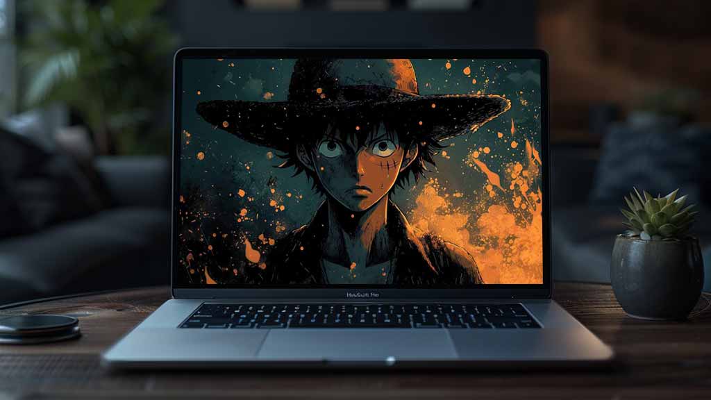 Monkey D. Luffy One Piece portrait wallpaper 4k with teal background and orange light effects, featuring intense gaze and iconic straw hat Free Ultra HD background for Pc & mobile