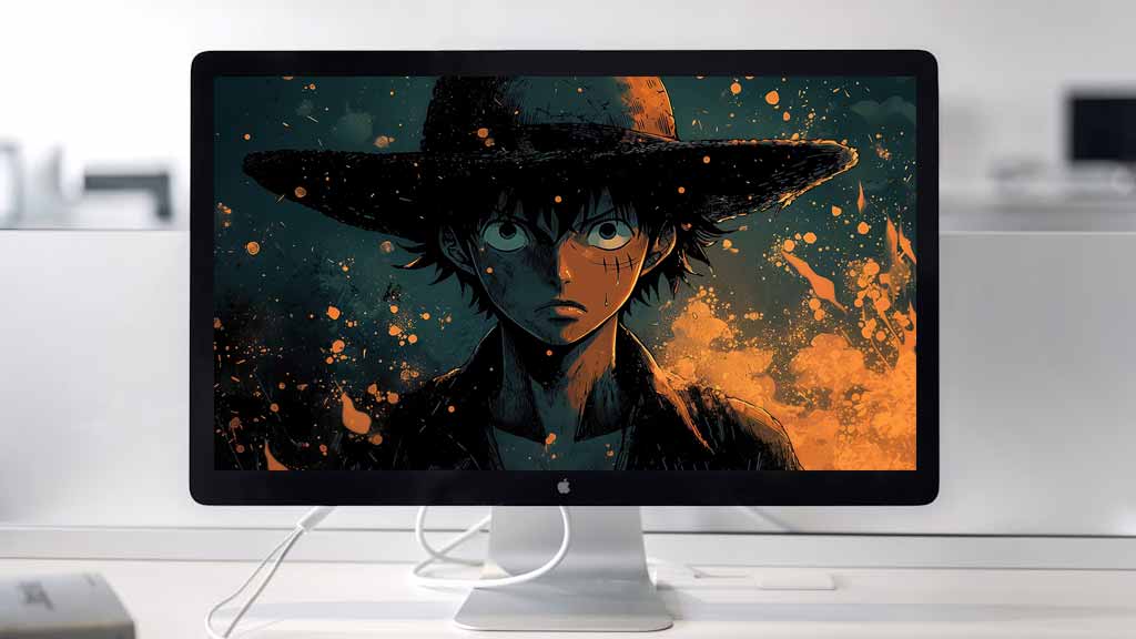 Monkey D. Luffy One Piece portrait wallpaper 4k with teal background and orange light effects, featuring intense gaze and iconic straw hat Free Ultra HD background for Pc & mobile