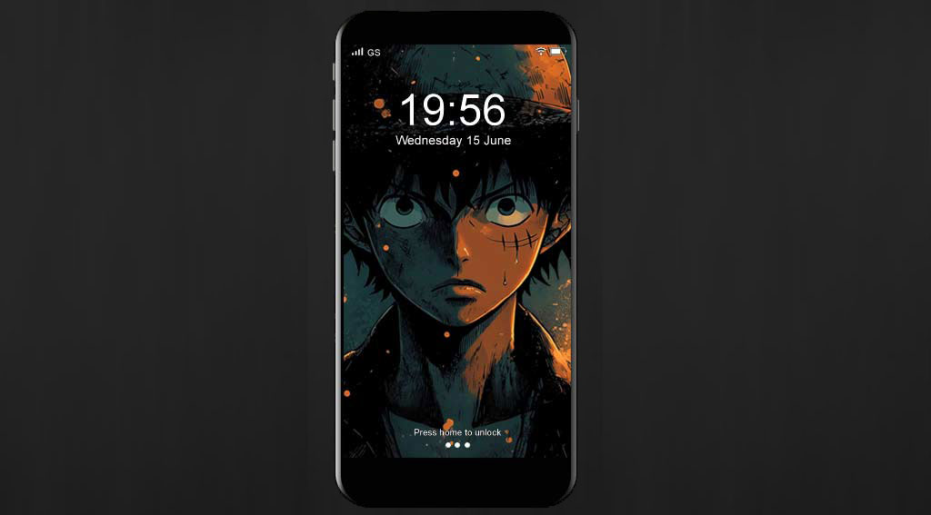 Monkey D. Luffy One Piece portrait wallpaper 4k with teal background and orange light effects, featuring intense gaze and iconic straw hat Free Ultra HD background for Pc & mobile