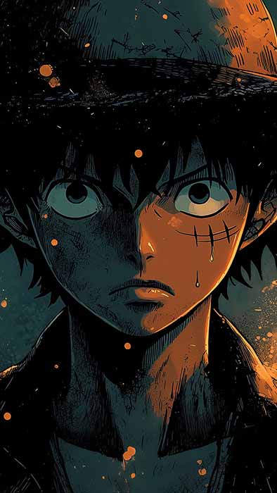 Monkey D. Luffy One Piece portrait wallpaper 4k with teal background and orange light effects, featuring intense gaze and iconic straw hat Free Ultra HD background for Pc & mobile