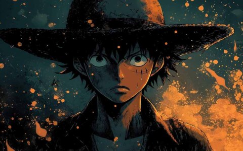 Fond d'écran portrait 4K de Monkey D. Luffy de One Piece avec arrière-plan turquoise et effets de lumière orange, mettant en valeur son regard intense et son chapeau de paille iconique. Fond d'écran Ultra HD gratuit pour PC et mobile.