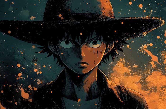 Fond d'écran portrait 4K de Monkey D. Luffy de One Piece avec arrière-plan turquoise et effets de lumière orange, mettant en valeur son regard intense et son chapeau de paille iconique. Fond d'écran Ultra HD gratuit pour PC et mobile.