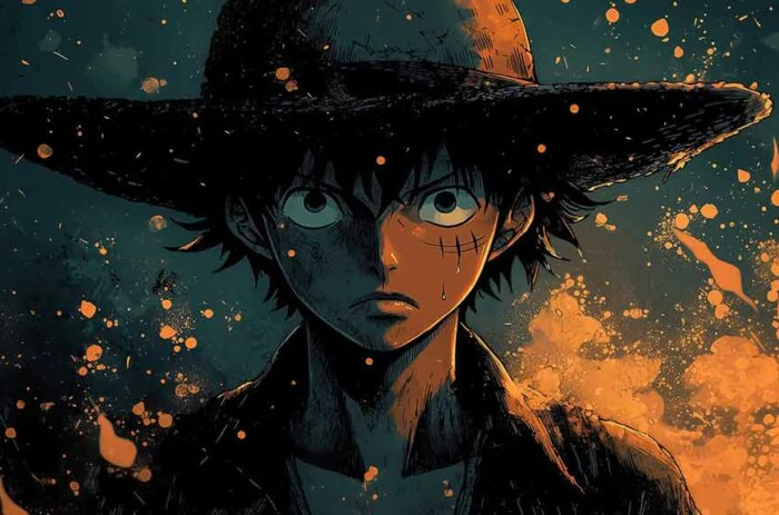 Fond d'écran portrait 4K de Monkey D. Luffy de One Piece avec arrière-plan turquoise et effets de lumière orange, mettant en valeur son regard intense et son chapeau de paille iconique. Fond d'écran Ultra HD gratuit pour PC et mobile.