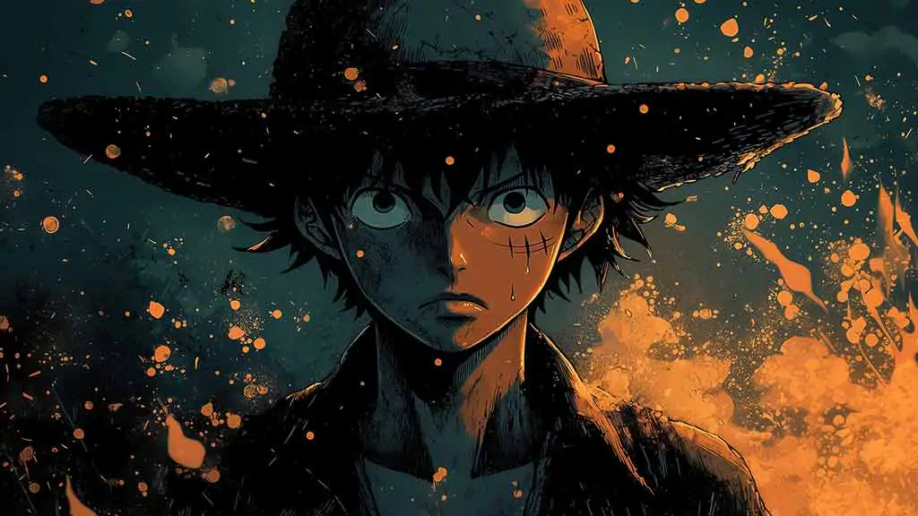 Fond d'écran portrait 4K de Monkey D. Luffy de One Piece avec arrière-plan turquoise et effets de lumière orange, mettant en valeur son regard intense et son chapeau de paille iconique. Fond d'écran Ultra HD gratuit pour PC et mobile.