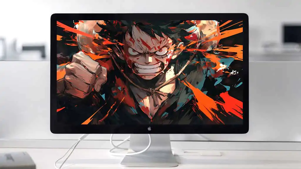 Fond d'écran 4K de Monkey D. Luffy One Piece en plein combat intense, montrant un sourire féroce et des effets d'énergie explosifs en arrière-plan Ultra HD, gratuit pour PC et téléphone portable