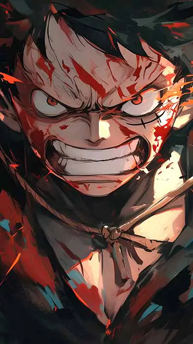 Fond d'écran 4K de Monkey D. Luffy One Piece en plein combat intense, montrant un sourire féroce et des effets d'énergie explosifs en arrière-plan Ultra HD, gratuit pour PC et téléphone portable