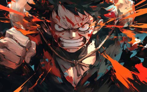 Fond d'écran 4K de Monkey D. Luffy One Piece en plein combat intense, montrant un sourire féroce et des effets d'énergie explosifs en arrière-plan Ultra HD, gratuit pour PC et téléphone portable