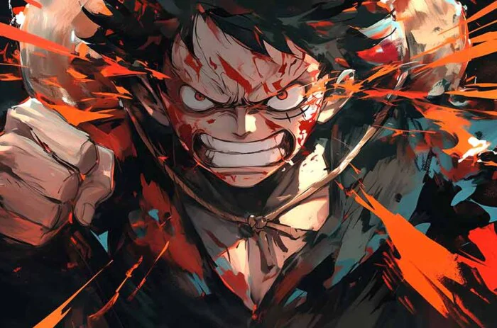 Fond d'écran 4K de Monkey D. Luffy One Piece en plein combat intense, montrant un sourire féroce et des effets d'énergie explosifs en arrière-plan Ultra HD, gratuit pour PC et téléphone portable