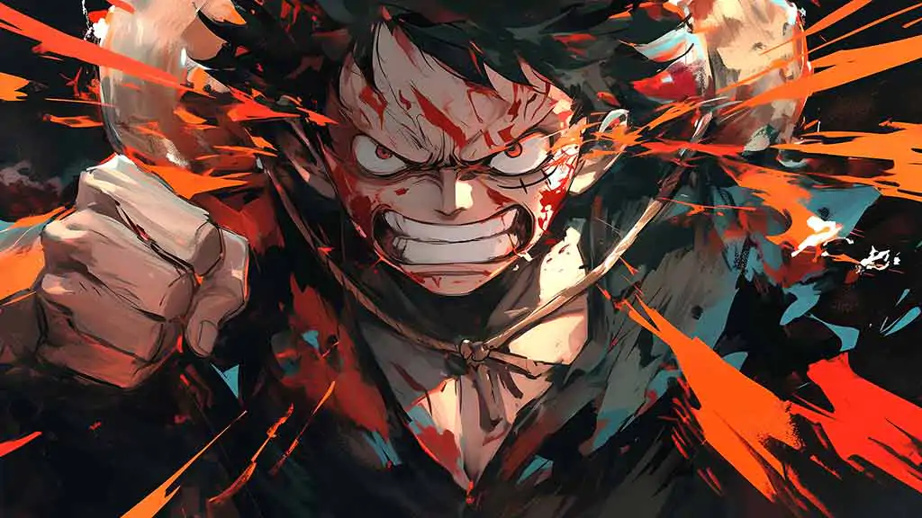 Fond d'écran 4K de Monkey D. Luffy One Piece en plein combat intense, montrant un sourire féroce et des effets d'énergie explosifs en arrière-plan Ultra HD, gratuit pour PC et téléphone portable