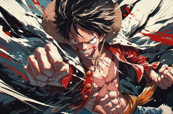 Fond d'écran d'action Monkey D. Luffy en 4K | Magnifique arrière-plan One Piece en Ultra HD pour ordinateurs et mobiles. Téléchargement gratuit en format JPG haute qualité.