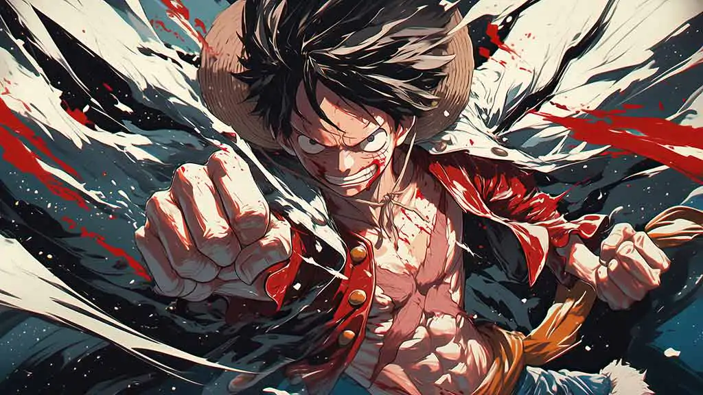 Fond d'écran d'action Monkey D. Luffy en 4K | Magnifique arrière-plan One Piece en Ultra HD pour ordinateurs et mobiles. Téléchargement gratuit en format JPG haute qualité.