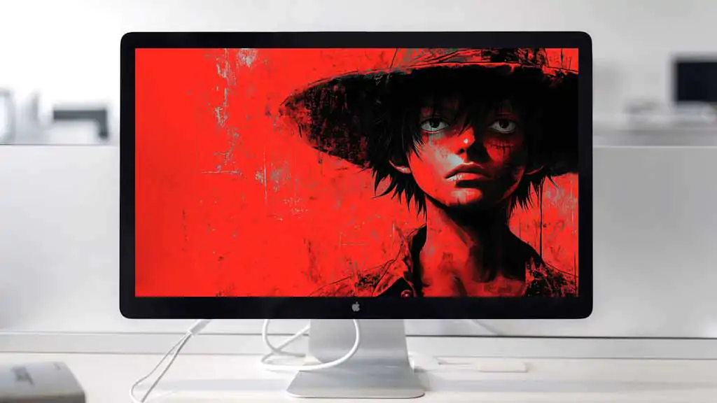 Fond d'écran minimaliste Monkey D. Luffy 4K avec un fond rouge saisissant. Parfait fond d'écran Ultra HD One Piece design pour les ordinateurs de bureau et les appareils mobiles. Téléchargement gratuit.