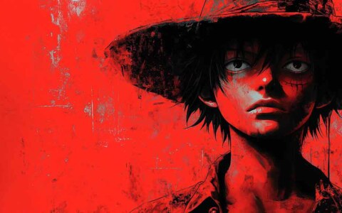Fond d'écran minimaliste Monkey D. Luffy 4K avec un fond rouge saisissant. Parfait fond d'écran Ultra HD One Piece design pour les ordinateurs de bureau et les appareils mobiles. Téléchargement gratuit.