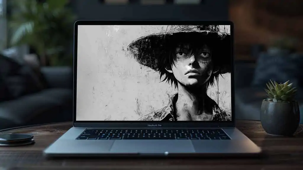 Monkey D. Luffy portrait artistique en noir et blanc fond d'écran 4K de l'anime One Piece avec gros plan et chapeau de paille en Ultra HD fond d'écran gratuit pour pc & téléphone portable