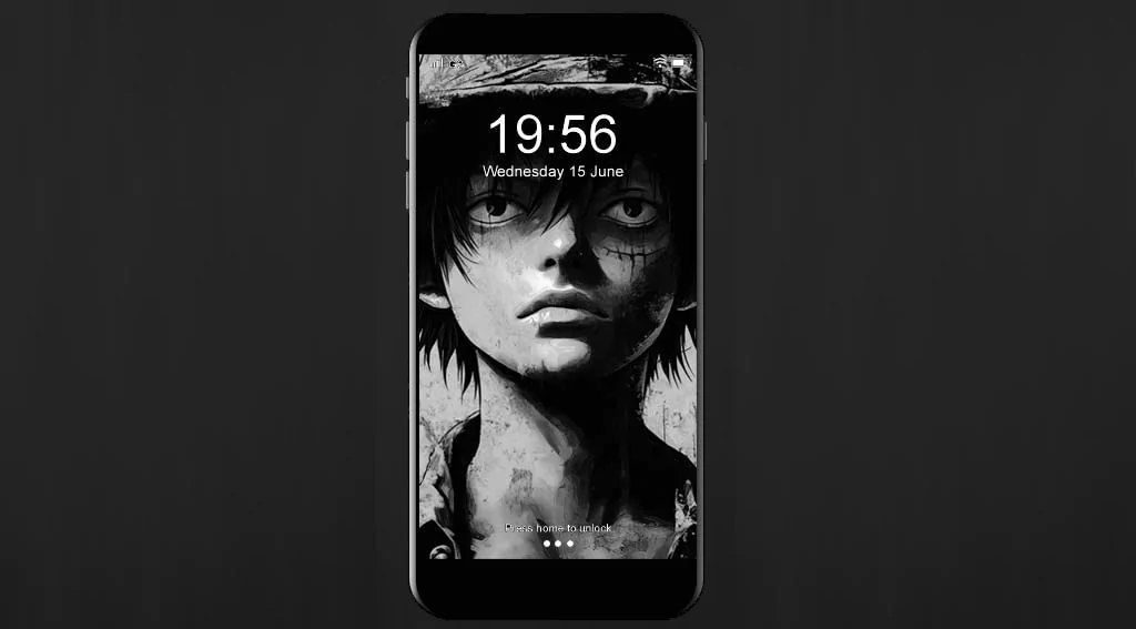 Monkey D. Luffy black and white artistic portrait wallpaper 4K from One Piece anime featuring closeup with straw hat in Ultra HD background free for pc & mobile phone