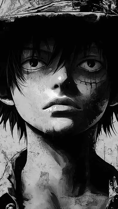 Monkey D. Luffy black and white artistic portrait wallpaper 4K from One Piece anime featuring closeup with straw hat in Ultra HD background free for pc & mobile phone