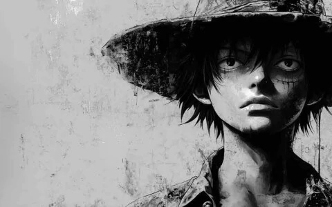 Monkey D. Luffy black and white artistic portrait wallpaper 4K from One Piece anime featuring closeup with straw hat in Ultra HD background free for pc & mobile phone