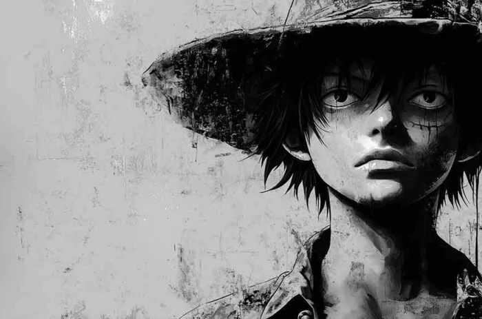 Monkey D. Luffy black and white artistic portrait wallpaper 4K from One Piece anime featuring closeup with straw hat in Ultra HD background free for pc & mobile phone